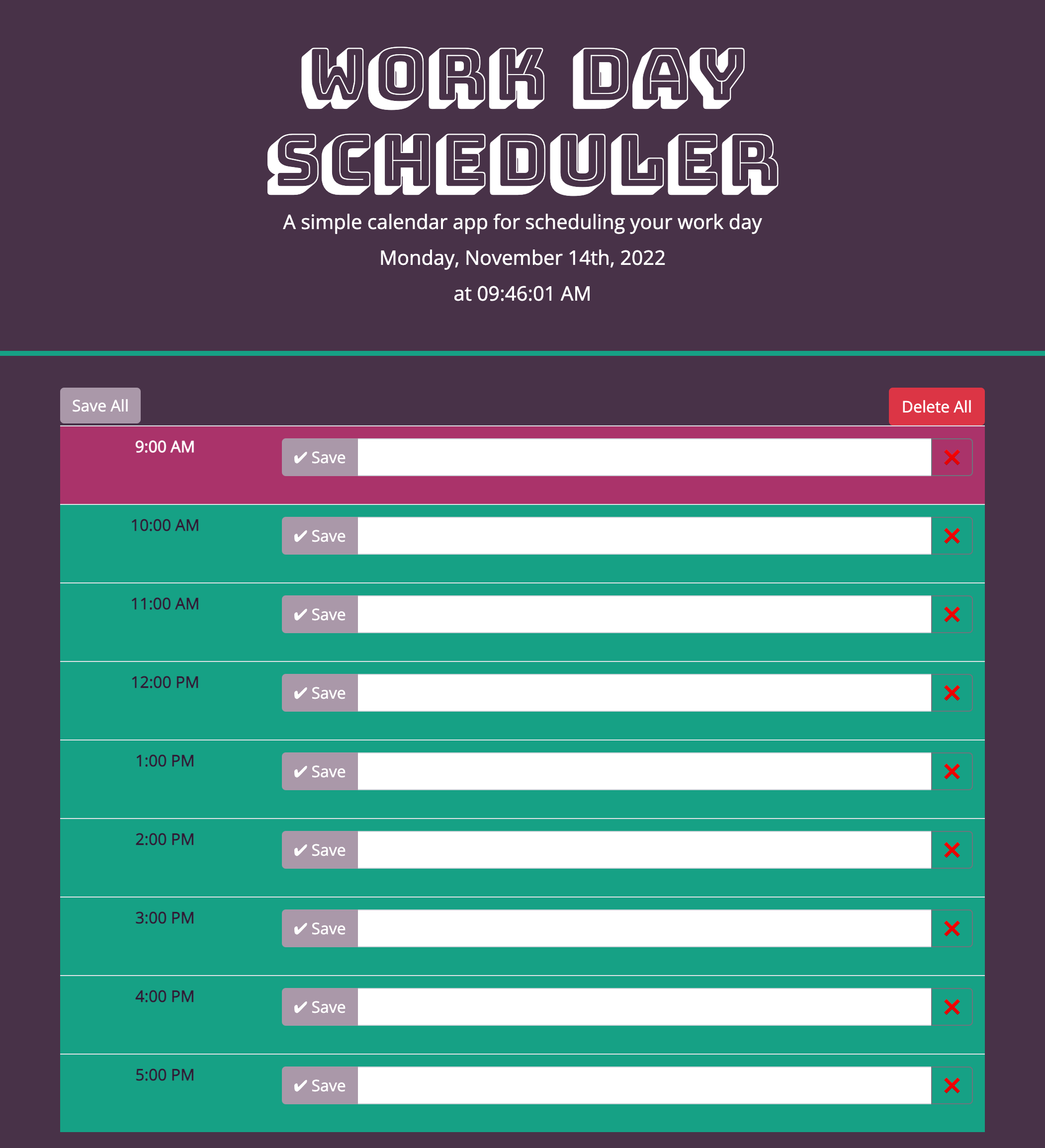 a purple screenshot of work day scheduler day planner